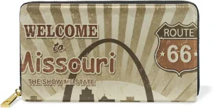 Welcome Missouri Retro Poster Leather Long Wallet Organizer with Zipper Purse Clutch Bag for Women Men