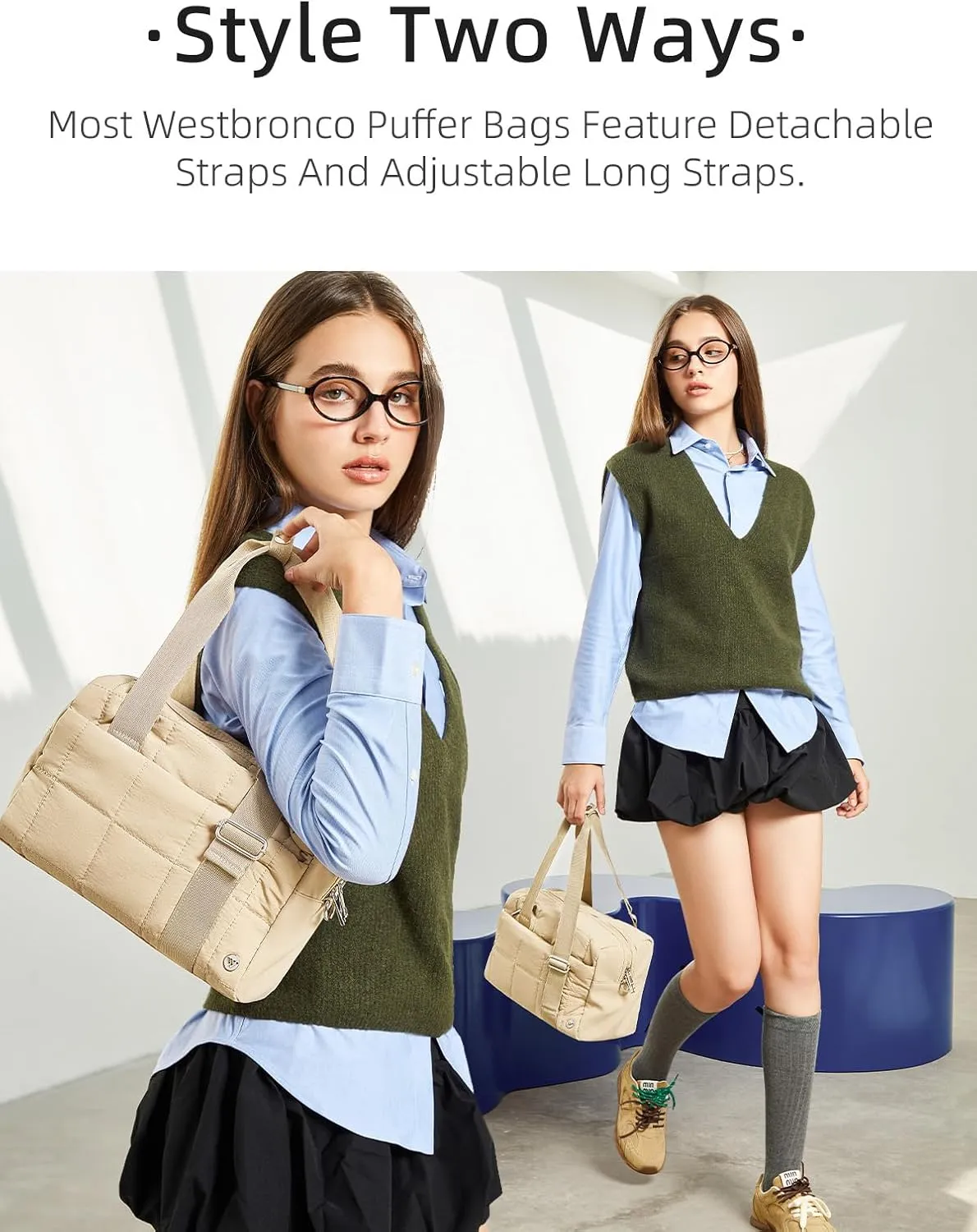 WESTBRONCO Small Puffer Crossbody Bags for Women, Mini Puffy Quilted Gym Bag Lightweight Tote Bag with Zipper Compartments