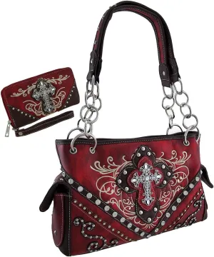 Western Embroidered Concealed Carry Purse/Wallet Set w/Rhinestone Cross