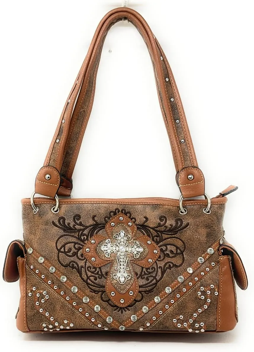 Western Embroidered Concealed Carry Purse/Wallet Set w/Rhinestone Cross