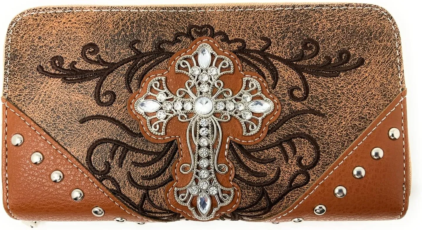 Western Embroidered Concealed Carry Purse/Wallet Set w/Rhinestone Cross