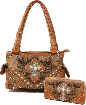 Western Embroidered Concealed Carry Purse/Wallet Set w/Rhinestone Cross