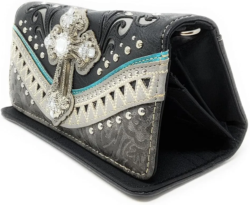 Western Embroidered Rhinestone Cross Purse Handbag Wallet Set in 2 Colors