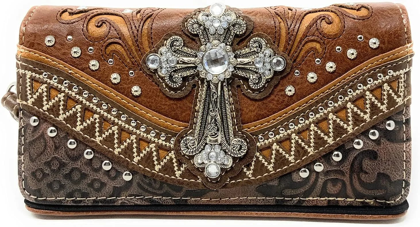 Western Embroidered Rhinestone Cross Purse Handbag Wallet Set in 2 Colors