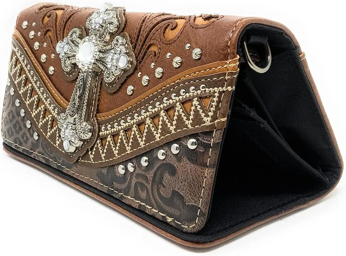 Western Embroidered Rhinestone Cross Purse Handbag Wallet Set in 2 Colors