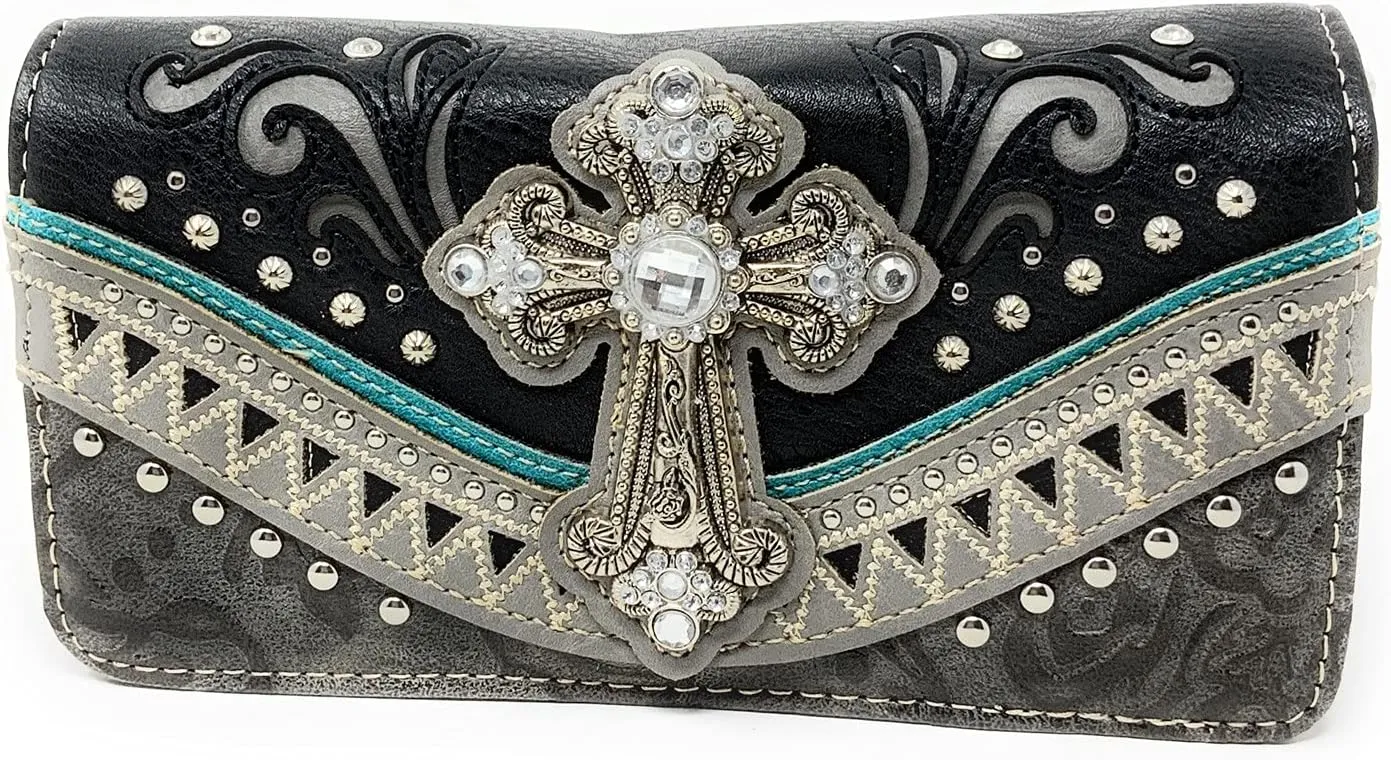 Western Embroidered Rhinestone Cross Purse Handbag Wallet Set in 2 Colors