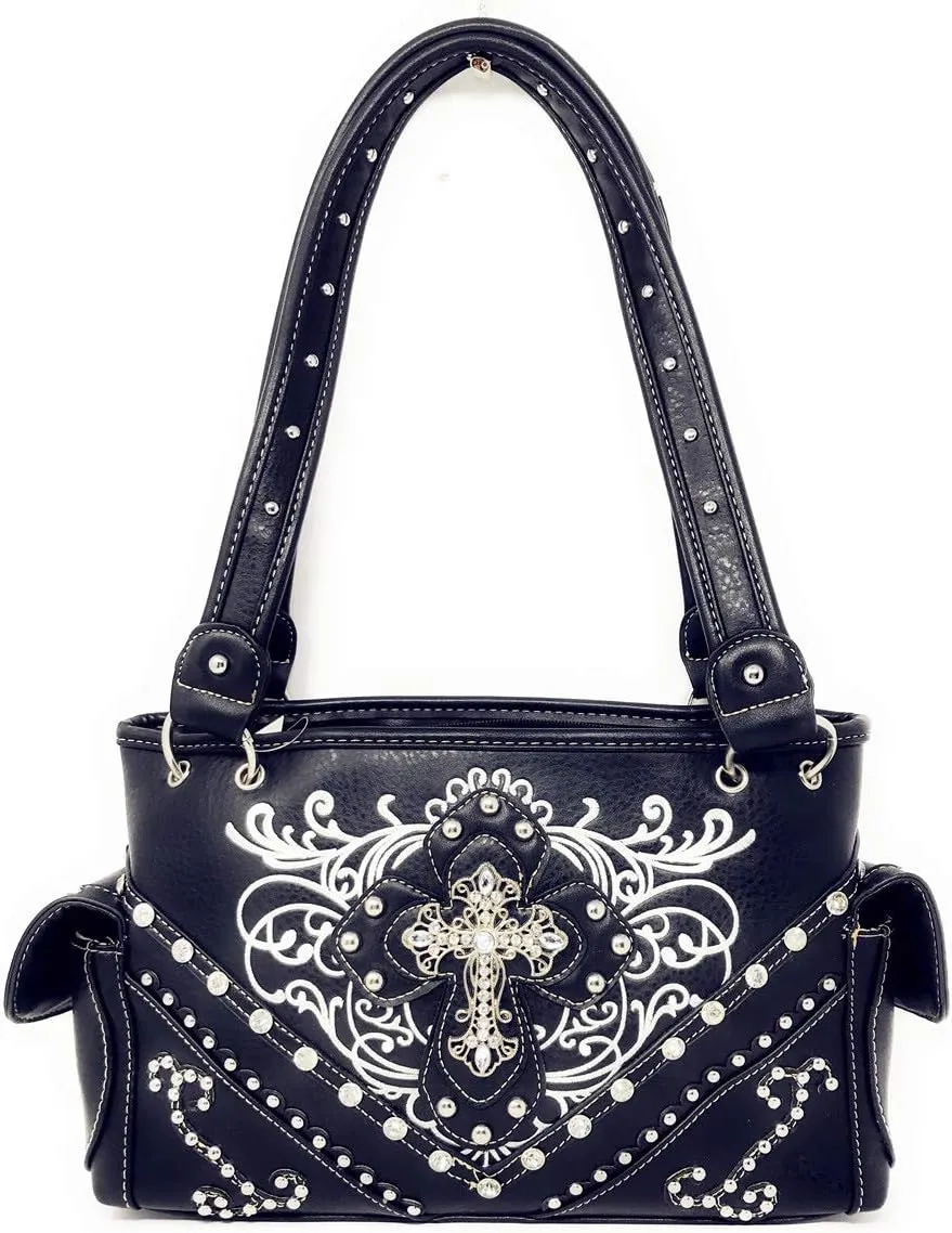 Western Embroidered Rhinestone Cross Purse Handbag Wallet Set in 2 Colors