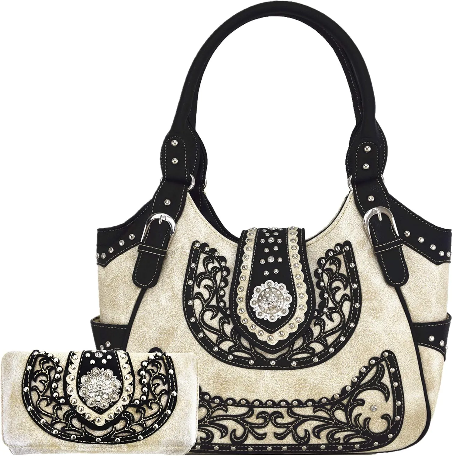 Western Style Rhinestone Concho West Concealed Carry Purse Country Handbag Women Shoulder Bag Wallet Set