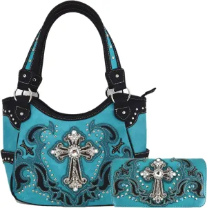 Western Style Rhinestone Cross Tote Concealed Carry Purse Laser Cut Handbag Women Shoulder Bag Wallet Set