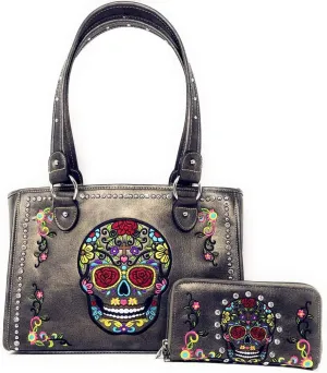 Western Womens Sugar Skull Rhinestone Flora Embroidery Concealed Carry Handbag/Wallet in Multi-Color