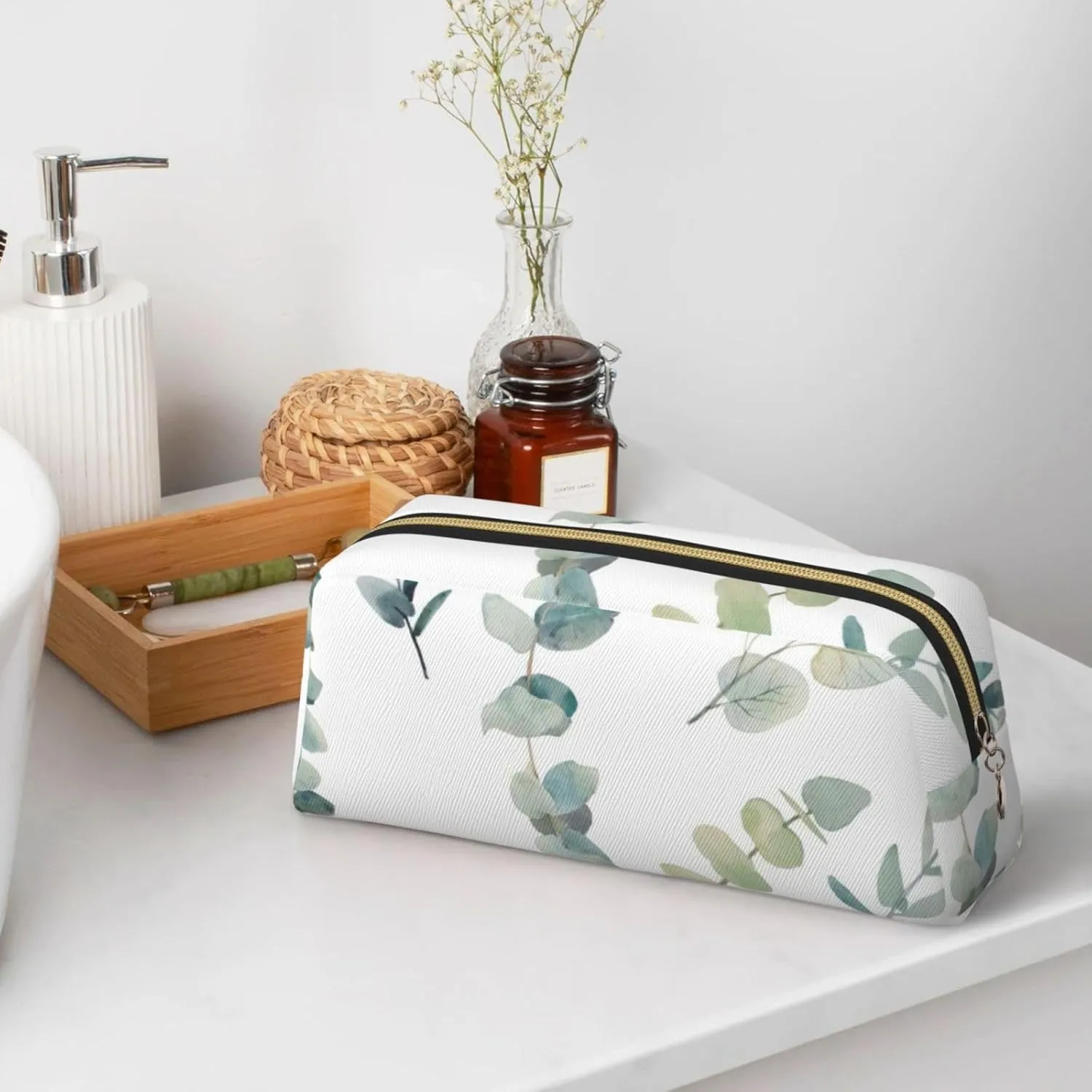 White Natural Greenery Twig Print Versatile Storage Pouch Makeup Bag Travel Office Small Items Organizer Bag