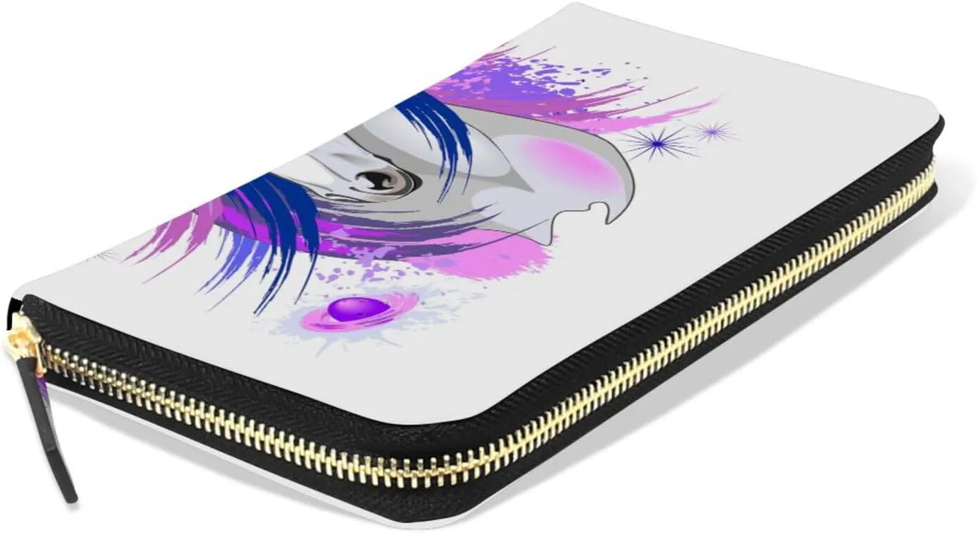 White Unicorn Pink and Purple Style on White Leather Long Wallet Organizer with Zipper Purse Clutch Bag for Women Men Key Card Coin Passport Checkbook 8 x 4 inch