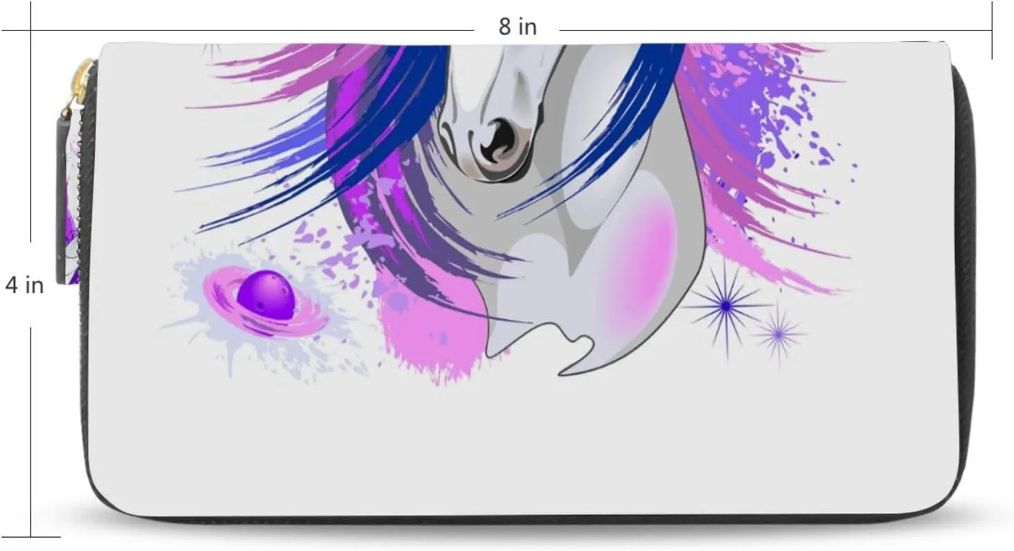 White Unicorn Pink and Purple Style on White Leather Long Wallet Organizer with Zipper Purse Clutch Bag for Women Men Key Card Coin Passport Checkbook 8 x 4 inch