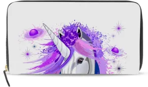 White Unicorn Pink and Purple Style on White Leather Long Wallet Organizer with Zipper Purse Clutch Bag for Women Men Key Card Coin Passport Checkbook 8 x 4 inch