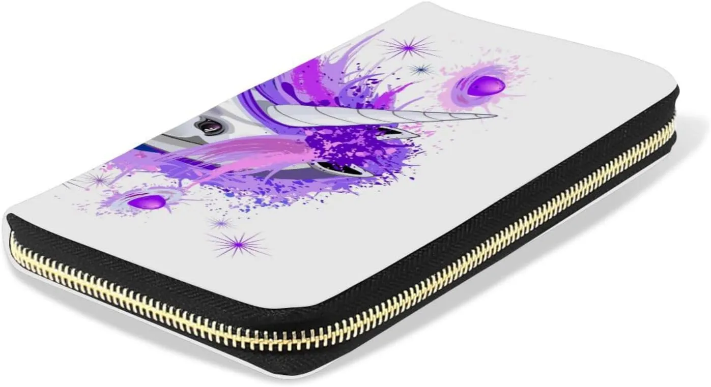 White Unicorn Pink and Purple Style on White Leather Long Wallet Organizer with Zipper Purse Clutch Bag for Women Men Key Card Coin Passport Checkbook 8 x 4 inch