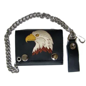 Wholesale Embroidered Eagle Head Trifold Leather Wallet with Chain