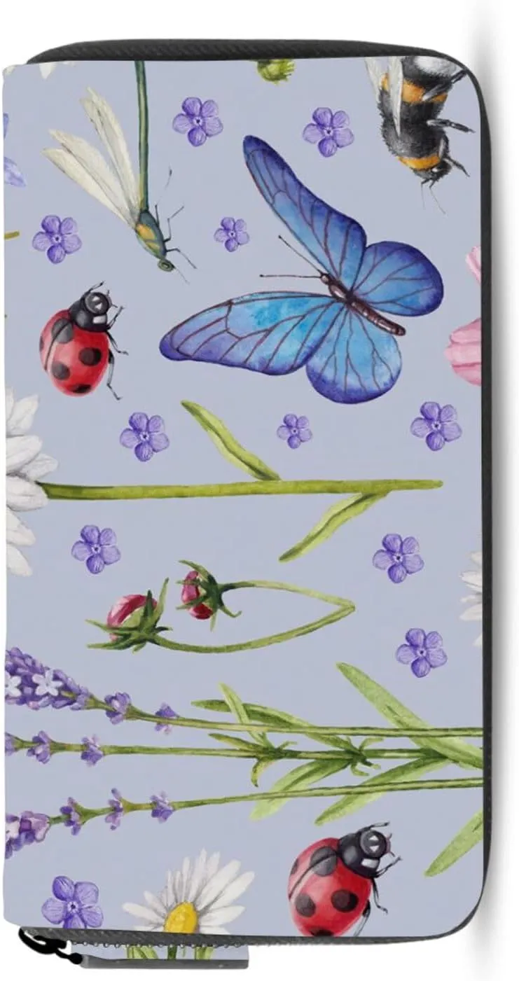 Wild Flowers and Insects Butterflies Purple Style Leather Long Wallet Organizer with Zipper Purse Clutch Bag for Women Men Key Card Coin Passport Checkbook 8 x 4 inch