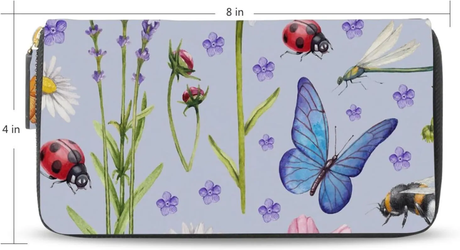 Wild Flowers and Insects Butterflies Purple Style Leather Long Wallet Organizer with Zipper Purse Clutch Bag for Women Men Key Card Coin Passport Checkbook 8 x 4 inch