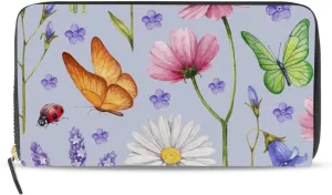 Wild Flowers and Insects Butterflies Purple Style Leather Long Wallet Organizer with Zipper Purse Clutch Bag for Women Men Key Card Coin Passport Checkbook 8 x 4 inch