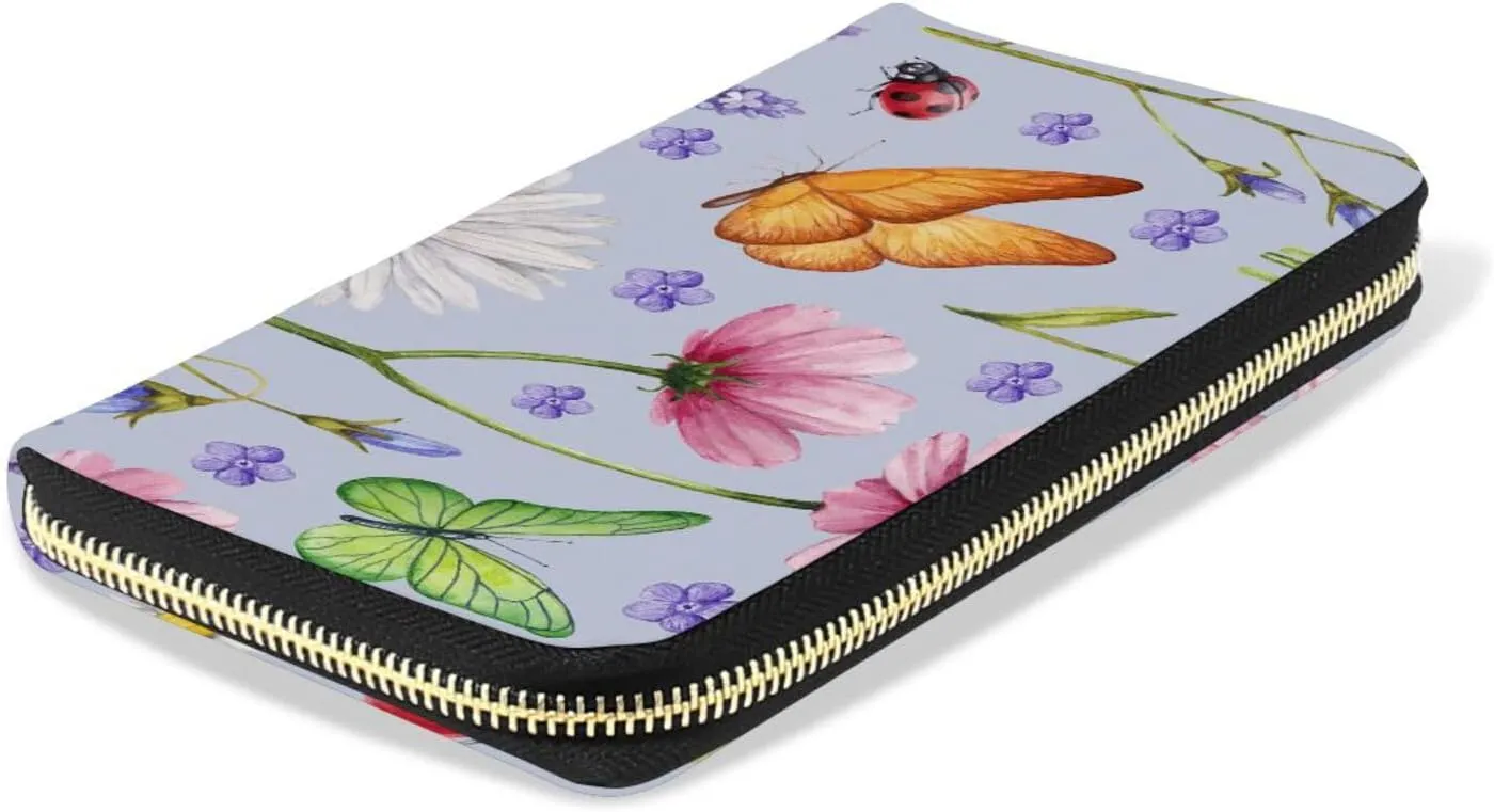 Wild Flowers and Insects Butterflies Purple Style Leather Long Wallet Organizer with Zipper Purse Clutch Bag for Women Men Key Card Coin Passport Checkbook 8 x 4 inch