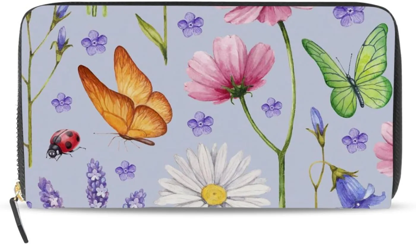 Wild Flowers and Insects Butterflies Purple Style Leather Long Wallet Organizer with Zipper Purse Clutch Bag for Women Men Key Card Coin Passport Checkbook 8 x 4 inch