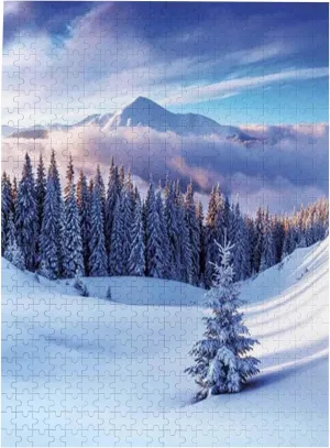 Winter Snow,Wooden Picture Puzzle for Adults,Cold Season Scenery High Mountain,High Resolution, Matte Finish,Smooth Edging,White Blue Plastic Box Storage 500PCS