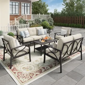 Wisteria Lane 5-Piece Outdoor Patio Furniture Set, Outdoor Metal Sectional Furniture with Cushions, Outdoor Conversation Seating Set with Coffee Table for Balcony, Garden, Deck, Backyard, Brown