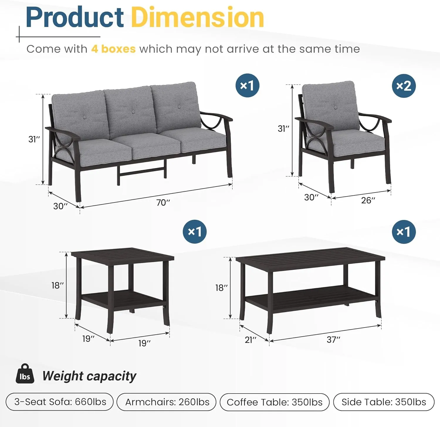 Wisteria Lane 5-Piece Outdoor Patio Furniture Set, Outdoor Metal Sectional Furniture with Cushions, Outdoor Conversation Seating Set with Coffee Table for Balcony, Garden, Deck, Backyard, Grey