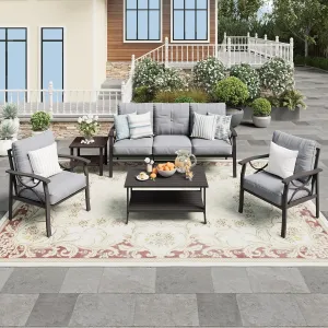 Wisteria Lane 5-Piece Outdoor Patio Furniture Set, Outdoor Metal Sectional Furniture with Cushions, Outdoor Conversation Seating Set with Coffee Table for Balcony, Garden, Deck, Backyard, Grey