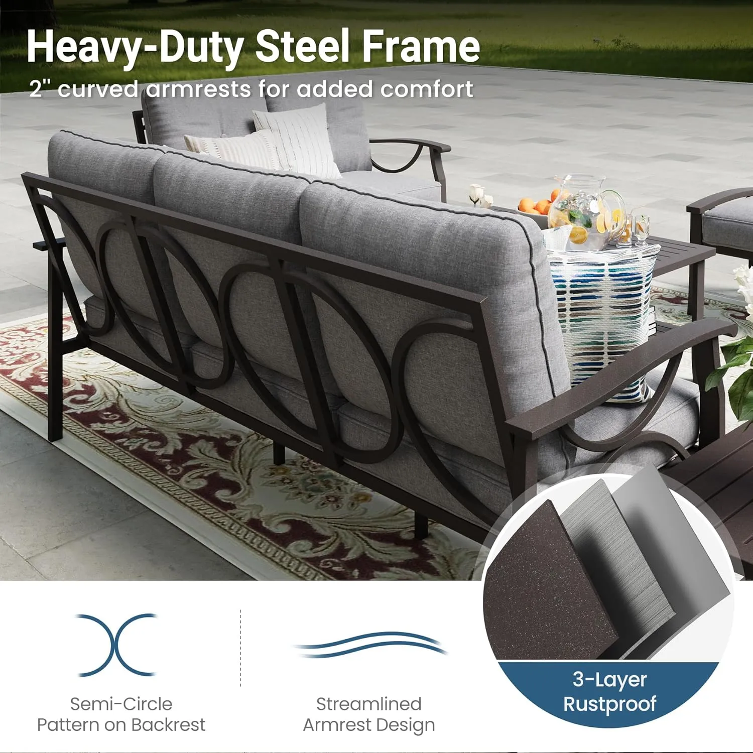 Wisteria Lane 5-Piece Outdoor Patio Furniture Set, Outdoor Metal Sectional Furniture with Cushions, Outdoor Conversation Seating Set with Coffee Table for Balcony, Garden, Deck, Backyard, Grey