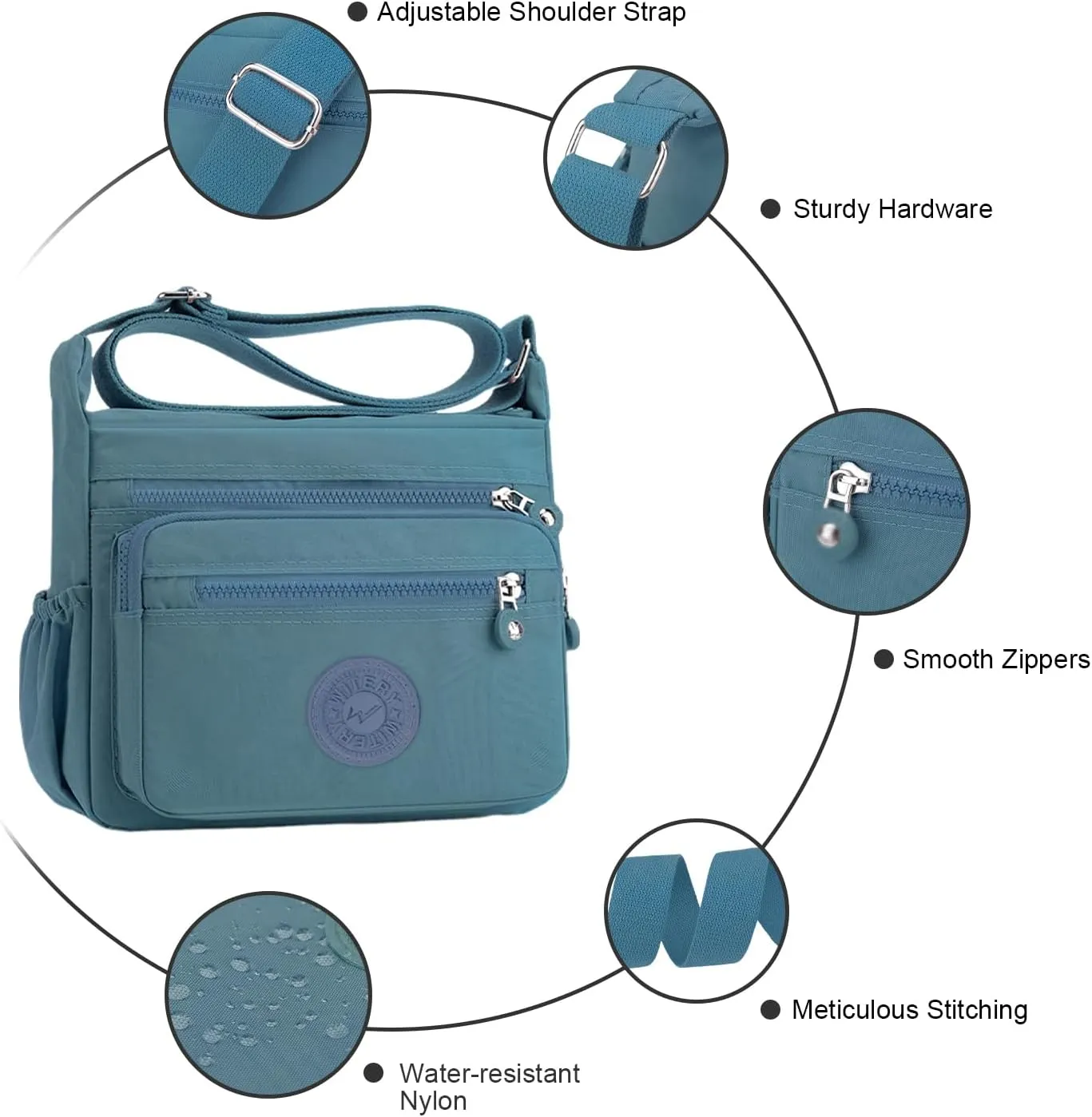 WITERY Nylon Crossboby Bag for Women - Waterproof Zipper Multi-pocket Travel Shoulder Bag Purse, Lightweight Messenger Bag