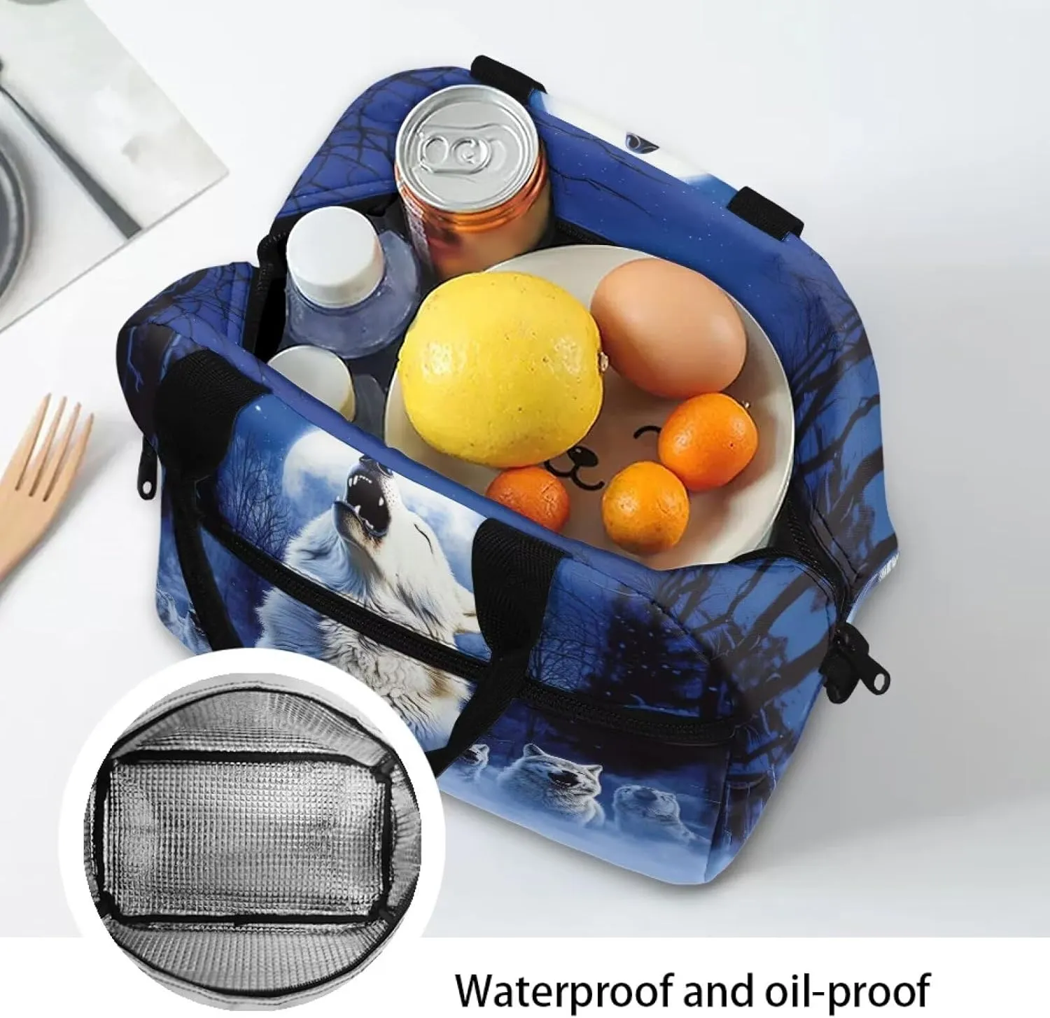 Wolf Bento Lunch Box Kids Boys Wild Animal Lunch Bags Insulated Keep Food Fresh Reusable Lunchbox Pouch with Zipper Closure Camping Essential
