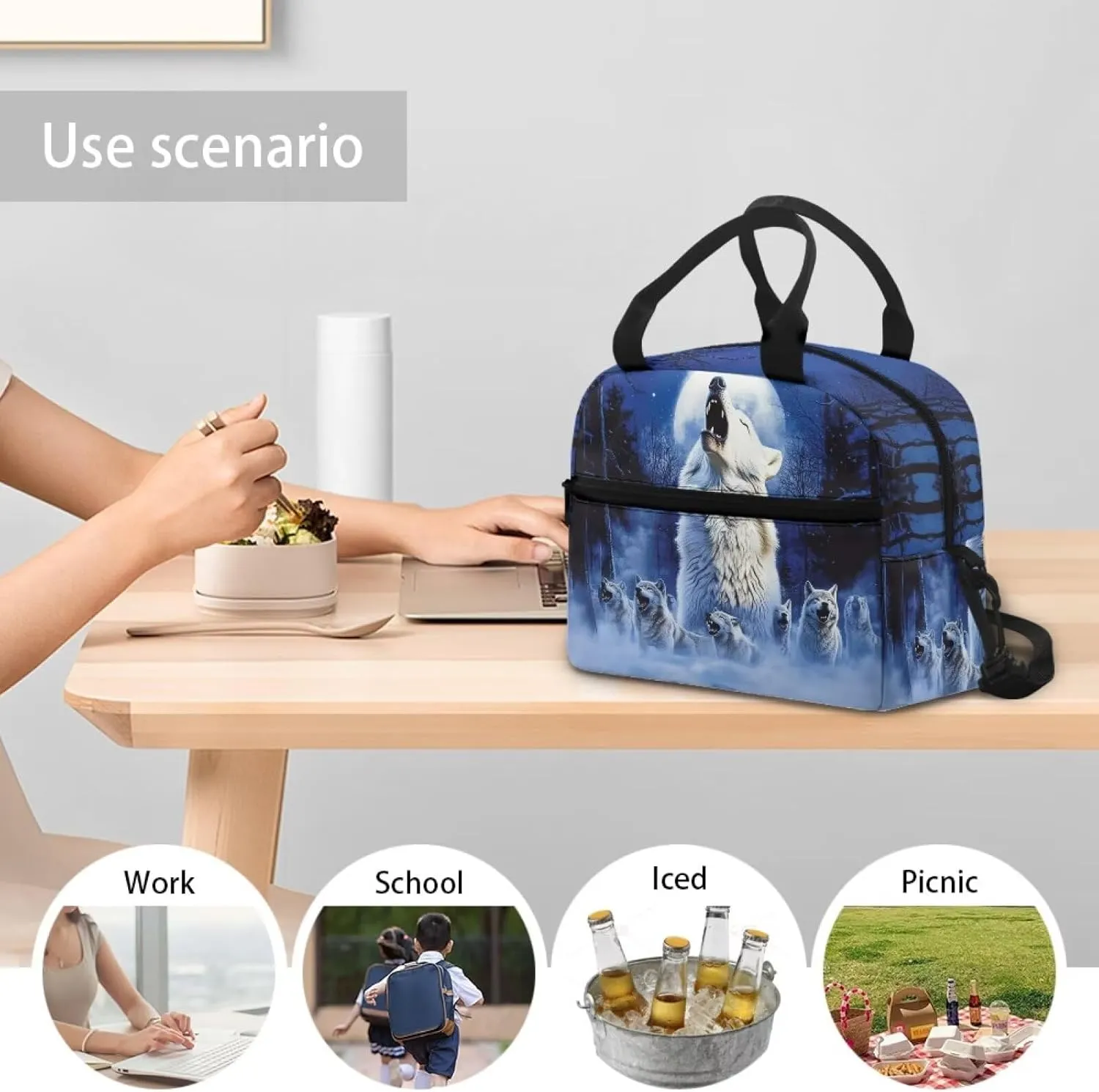 Wolf Bento Lunch Box Kids Boys Wild Animal Lunch Bags Insulated Keep Food Fresh Reusable Lunchbox Pouch with Zipper Closure Camping Essential