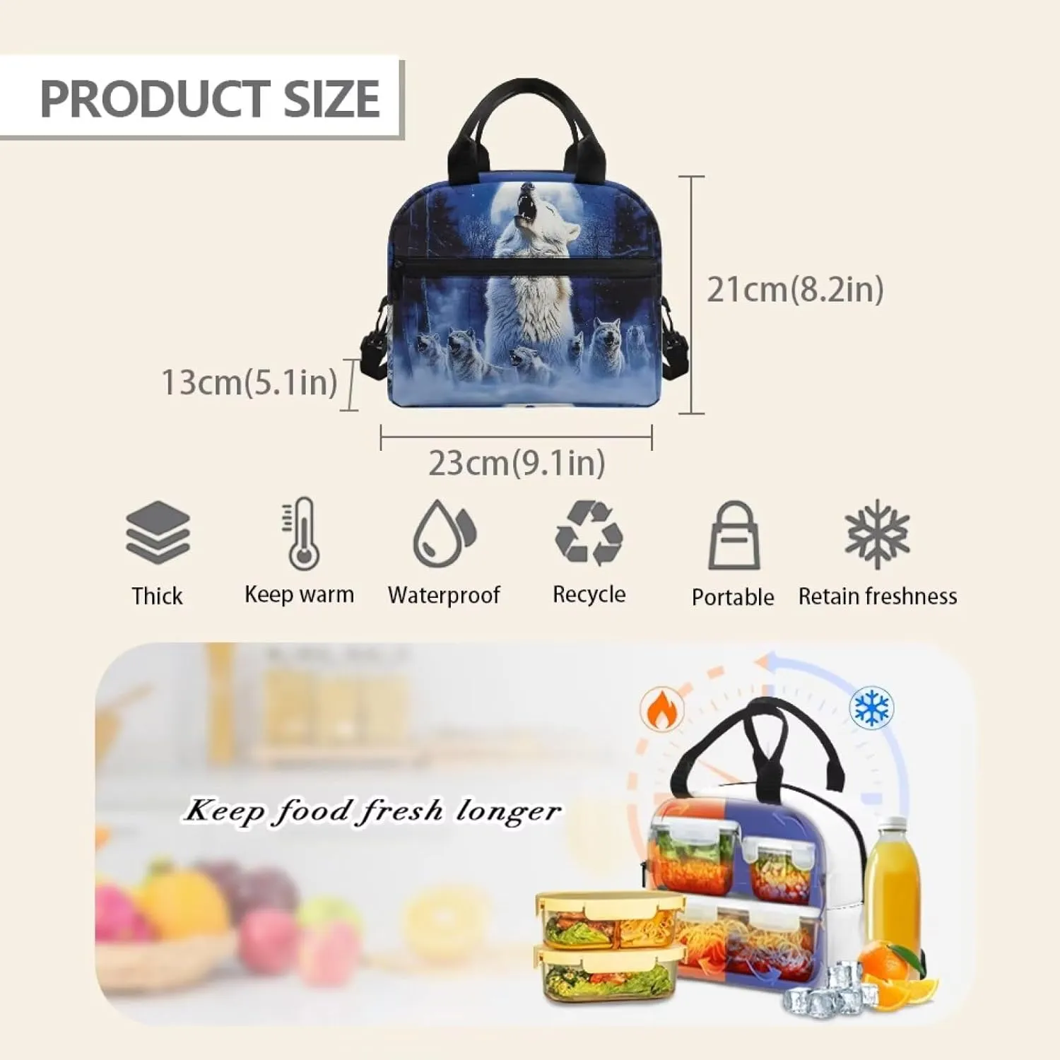 Wolf Bento Lunch Box Kids Boys Wild Animal Lunch Bags Insulated Keep Food Fresh Reusable Lunchbox Pouch with Zipper Closure Camping Essential