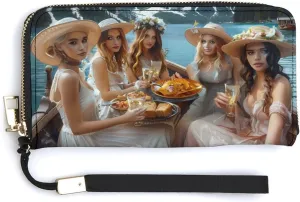 Woman Eating Pasta on Lake Long Wallet Leather Clutch Purse Handbag with Zip for Men Women
