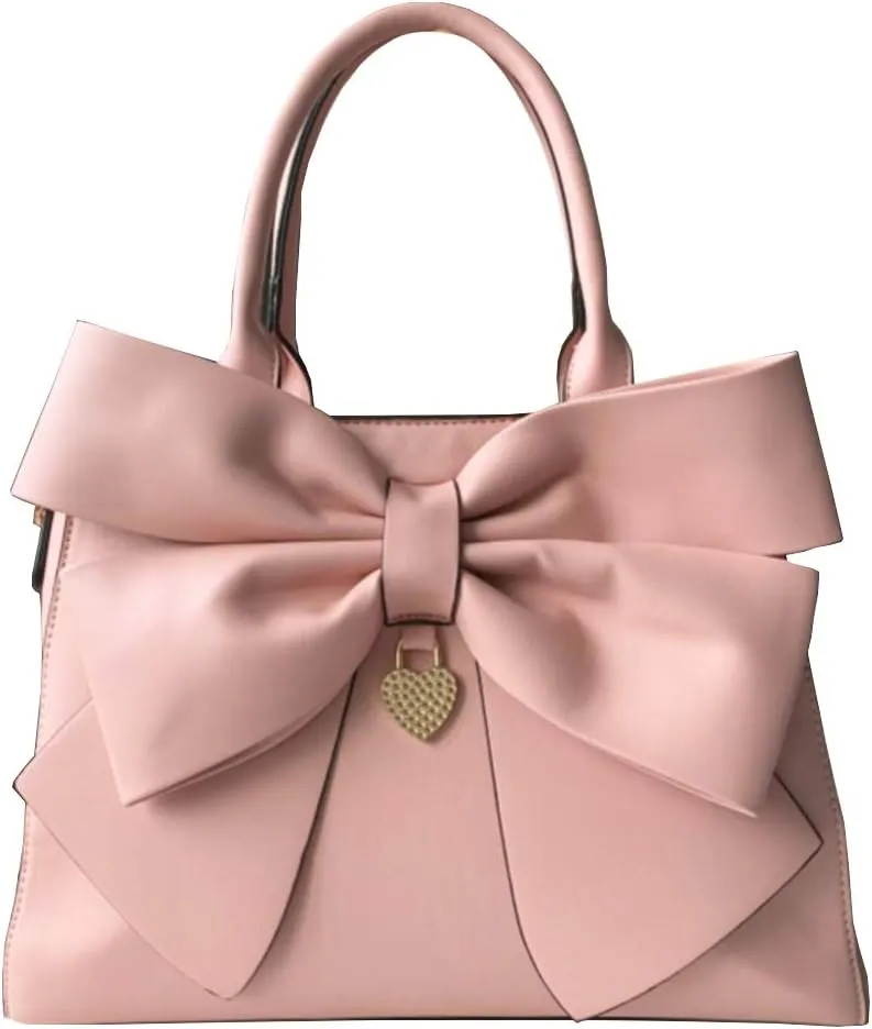 Women 2Pcs Handbag Set Bow-Knot Satchel Top-handle Crossbody Bag Tote Wallet Purse with Heart Pendant Pink