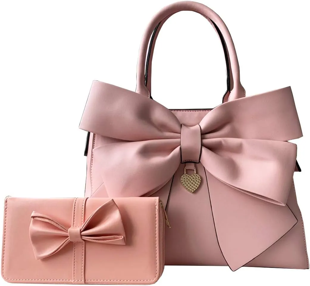 Women 2Pcs Handbag Set Bow-Knot Satchel Top-handle Crossbody Bag Tote Wallet Purse with Heart Pendant Pink