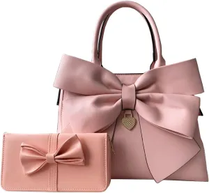 Women 2Pcs Handbag Set Bow-Knot Satchel Top-handle Crossbody Bag Tote Wallet Purse with Heart Pendant Pink