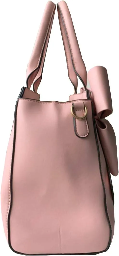 Women 2Pcs Handbag Set Bow-Knot Satchel Top-handle Crossbody Bag Tote Wallet Purse with Heart Pendant Pink