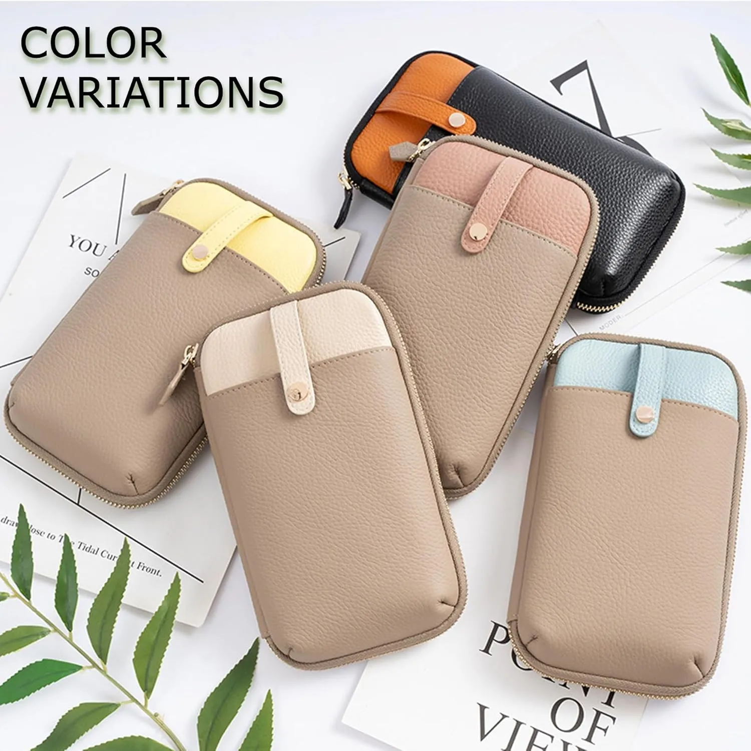 Women Genuine Leather Color Block phone Crossbody, Small Shoulder Wallet Bag Card Slot, Adjustable Strap Wristlet
