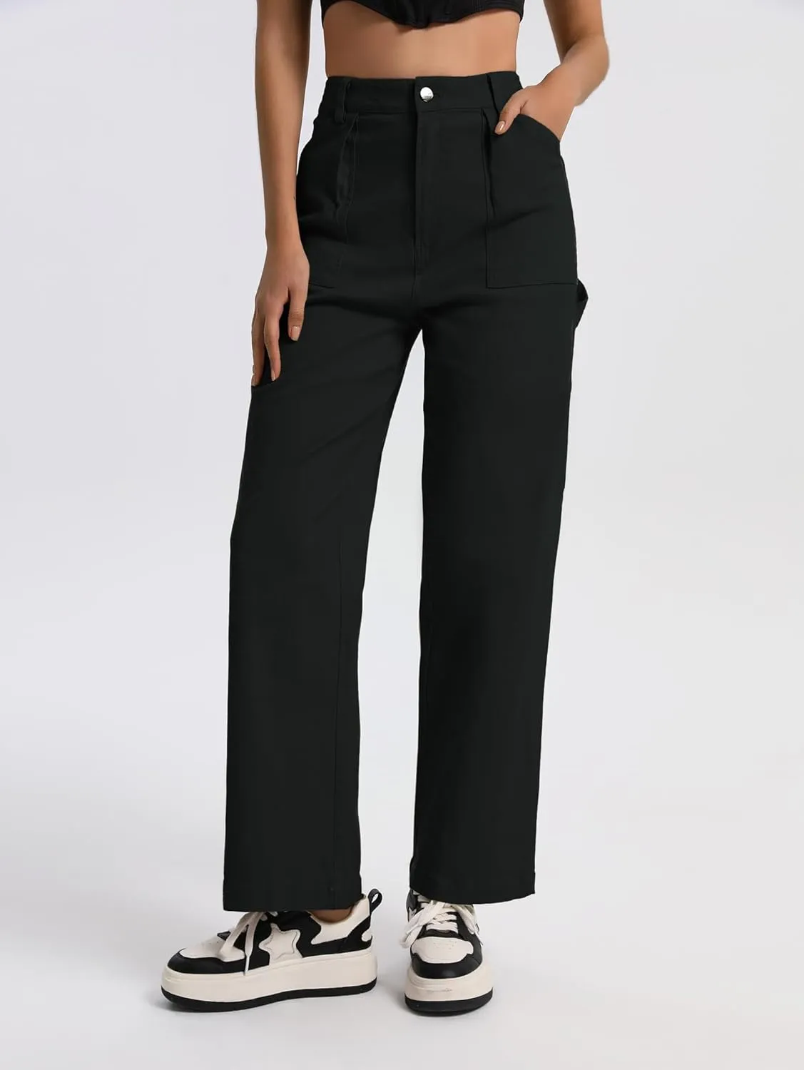Women High Waisted Cargo Pants Baggy Straight Wide Leg Y2K Streetwear Jeans Trousers with Pockets
