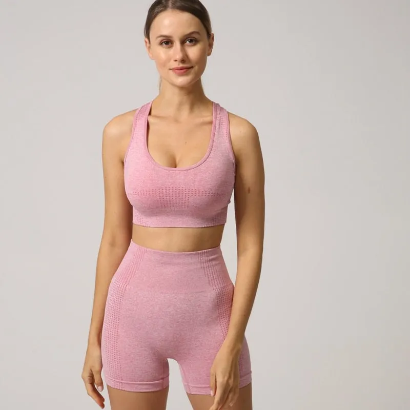Women Seamless 2PCS Yoga Set Sports Bra High Waist Fitness Gym Shorts