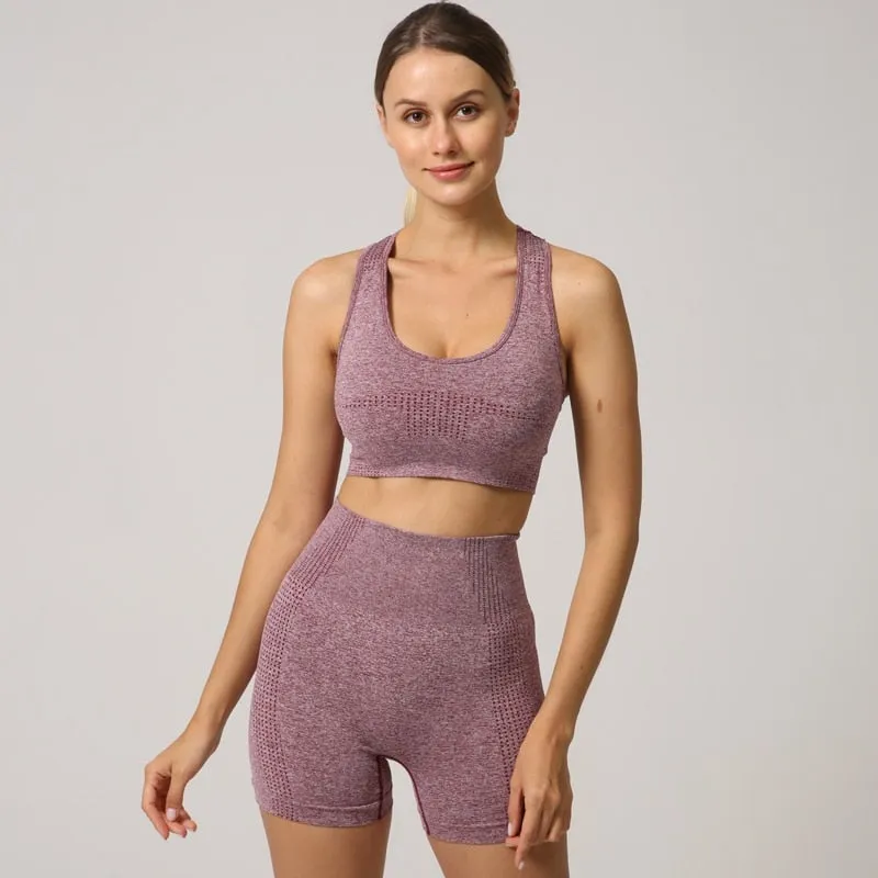 Women Seamless 2PCS Yoga Set Sports Bra High Waist Fitness Gym Shorts
