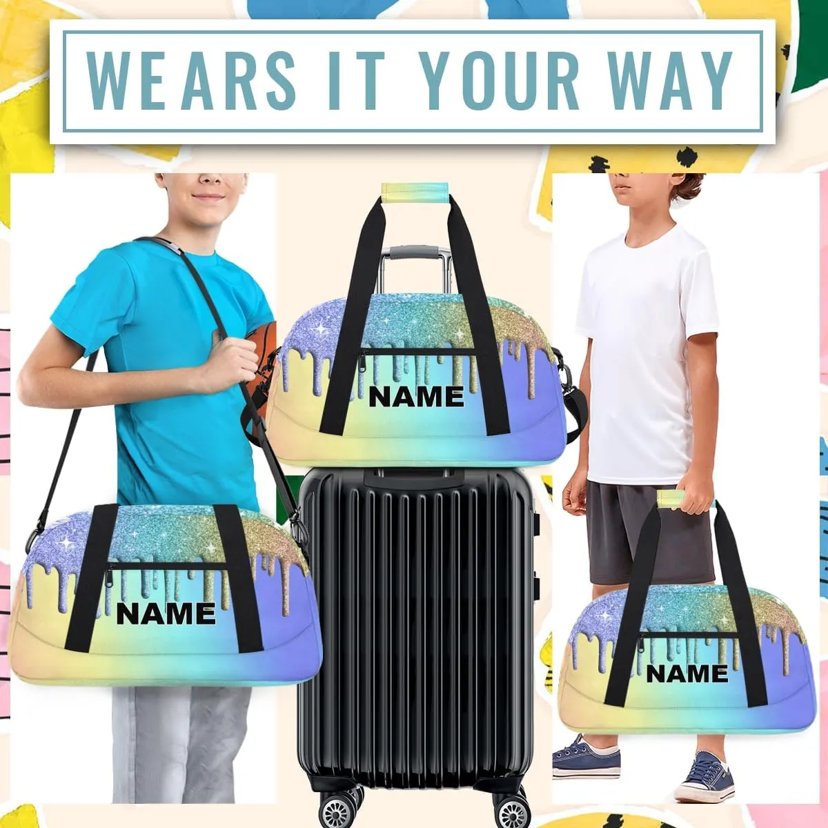 Women Small Gym Bag 18 inch Waterproof Custom Mini Sports Duffel Bag for Men Carry on Overnight Travel Tote Bag Cyan Yellow