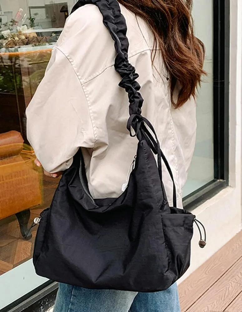Women Tote Bags Casual Solid Crossbody Armpit Bag Nylon Shoulder Handbag Pleated Drawstrings Crossbody Purse
