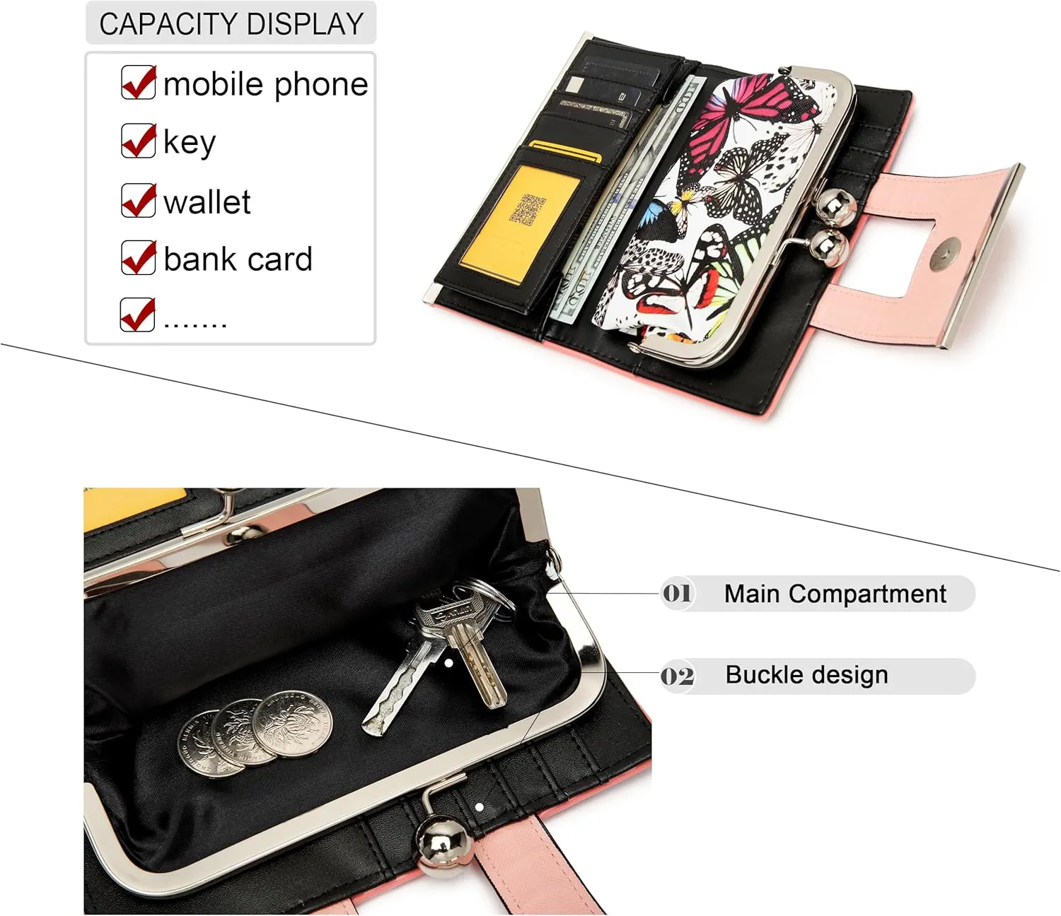 Women Wallet Leather Large Capacity Women's Handbag Large Capacity Long Wallet, with 10-card slots and clips