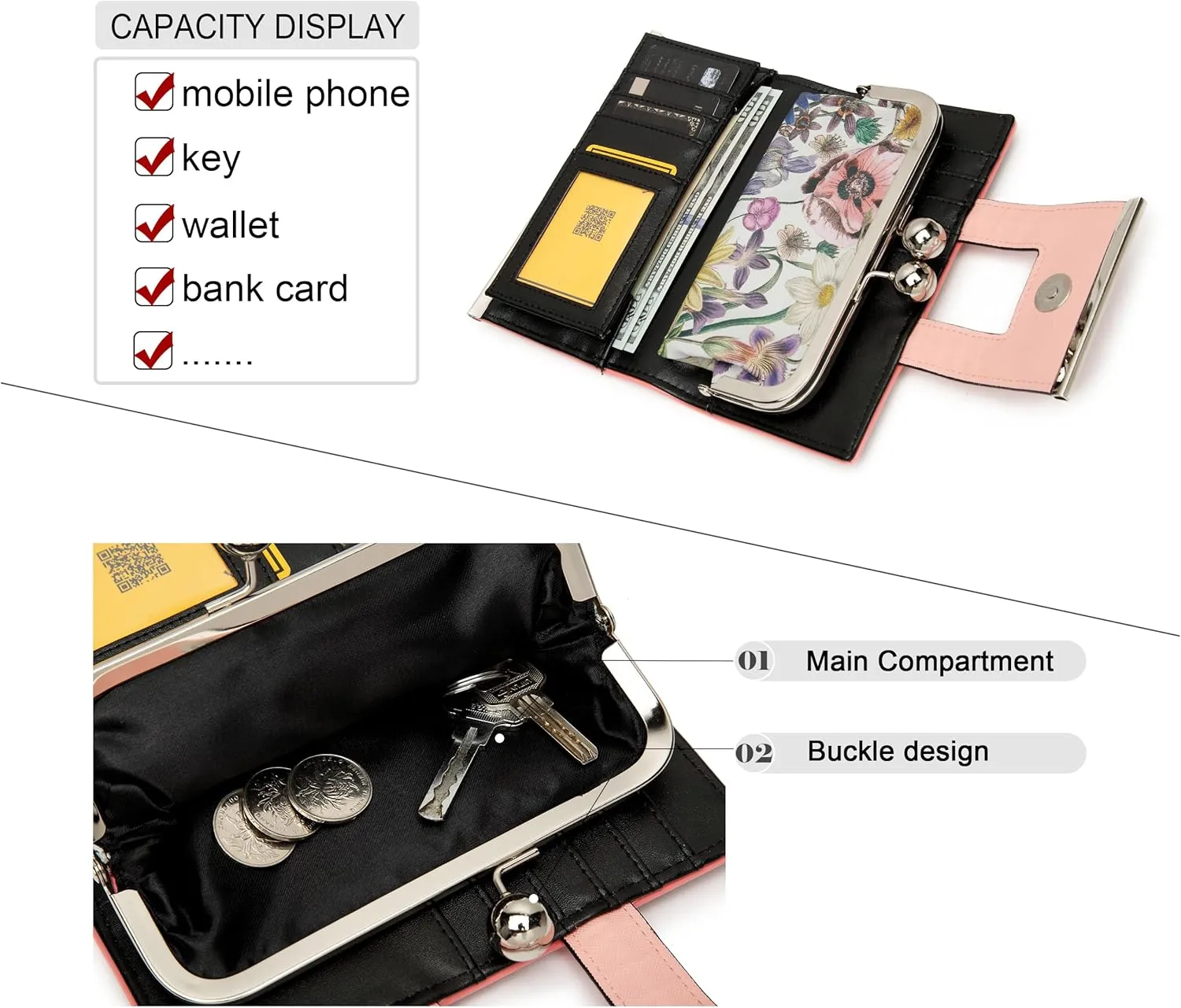 Women Wallet Leather Large Capacity Women's Handbag Large Capacity Long Wallet, with 10-card slots and clips