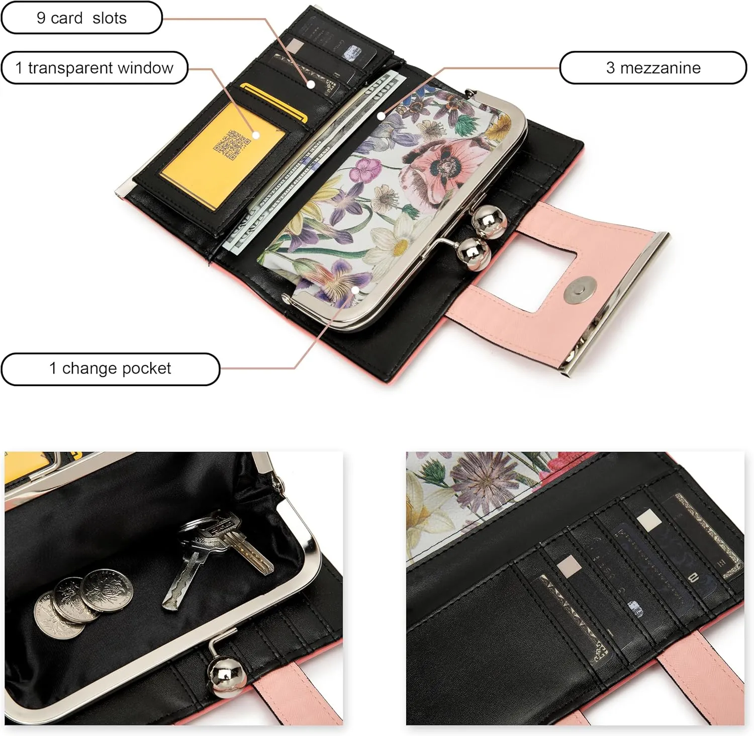 Women Wallet Leather Large Capacity Women's Handbag Large Capacity Long Wallet, with 10-card slots and clips