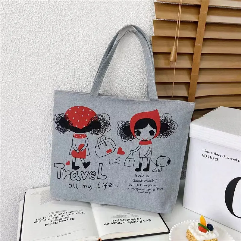 Women's Canvas Printed Simple Portable Large Capacity Shopping Bags