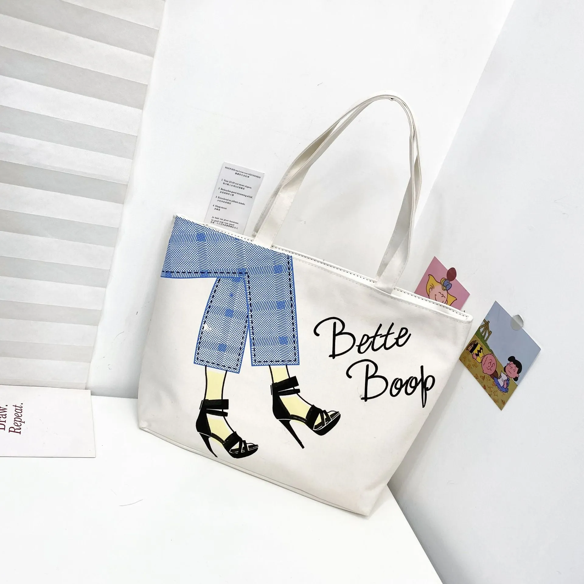 Women's Canvas Printed Simple Portable Large Capacity Shopping Bags